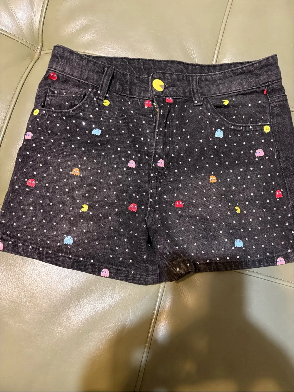 Black Pac-Man Print Girls  Denim Shorts